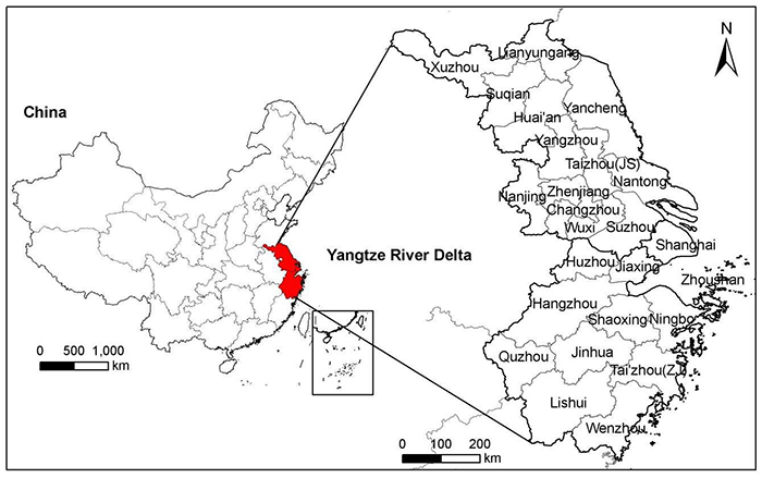 kaart waarin het gebied van de Yangtze delta wordt aangegeven